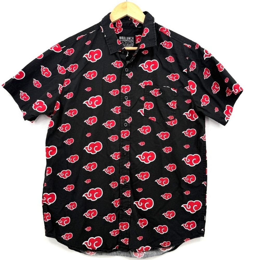 BoxLunch Naruto Button Down Shirt Men Large Black Akatsuki Red Cloud Anime Manga